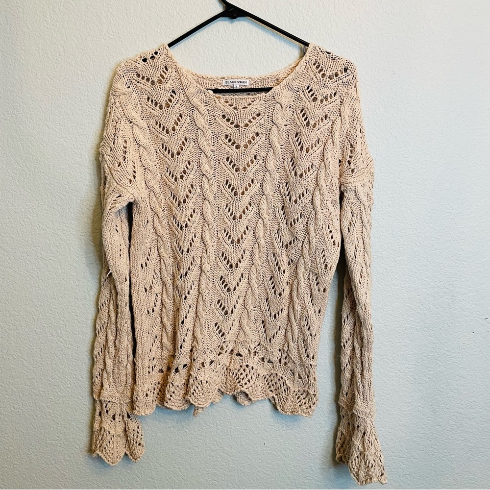 Black Swan Beige Knot Crochet Bell Sleeve Boho Festival Long Sleeve Top | Large - Picture 1 of 6